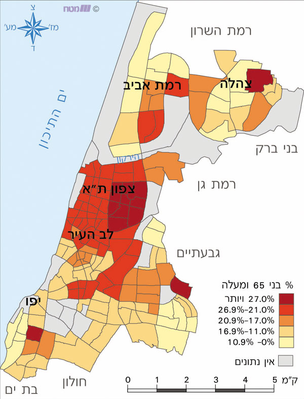 בני 65 ומעלה בעיר תל-אביב – יפו, 1999 (באחוזים)